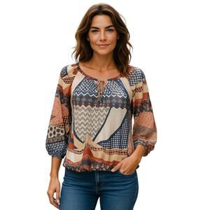 Beige Women's Tie Front Top Elastic Sleeves Lace Detail SM